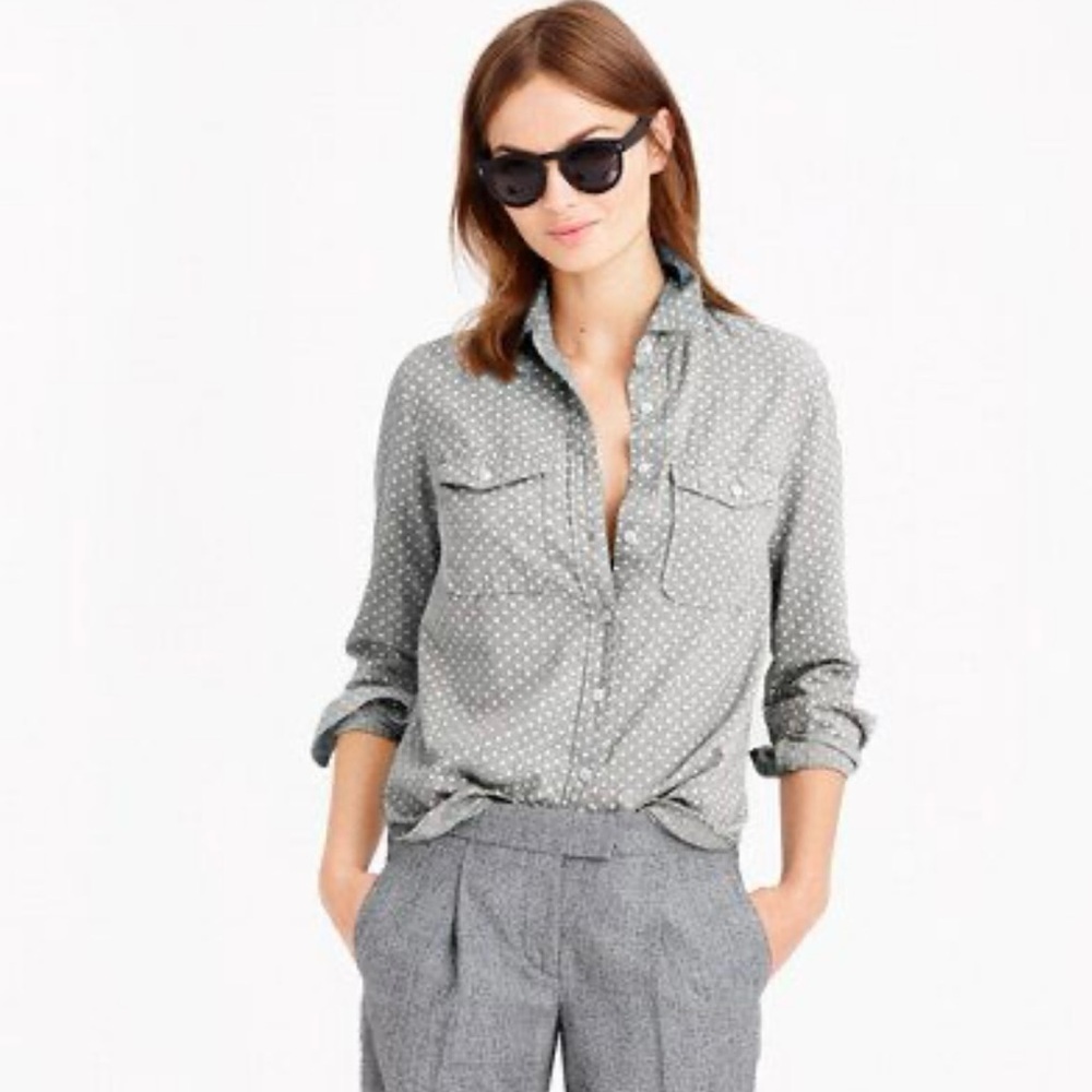 J. Crew Polka Dog Gray&white Light Weight 100% Cotton Flannel Button Up Top Sz 4